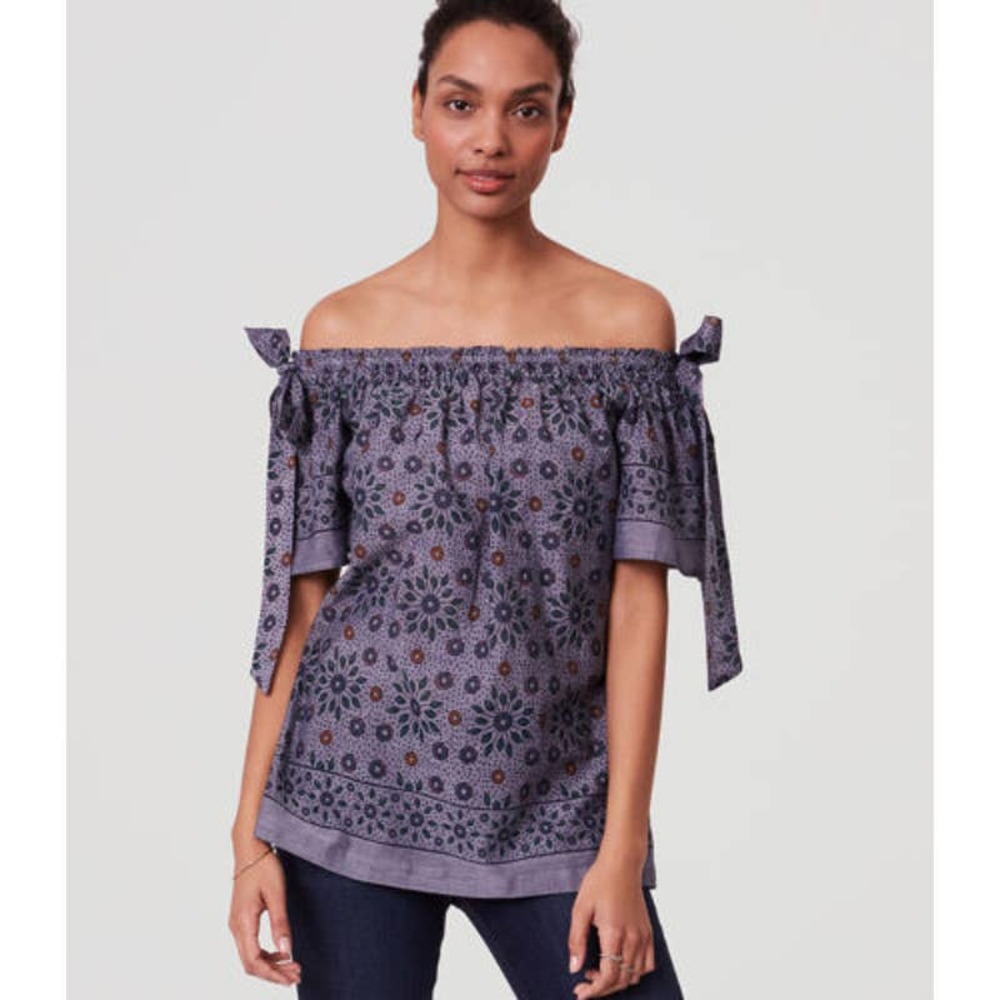 NWT Ann Taylor Loft blue floral off the shoulder blouse Petite SP
